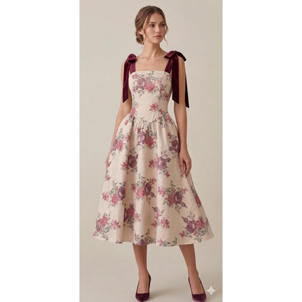 Francesca's Midi Dress Womens Small Multi Floral Brocade Velvet Tie Strap Pocket